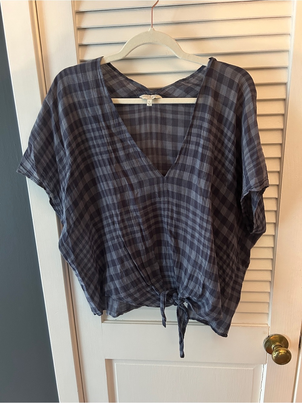 Lucky Brand Navy Plaid V-Neck Tie-Front Tunic